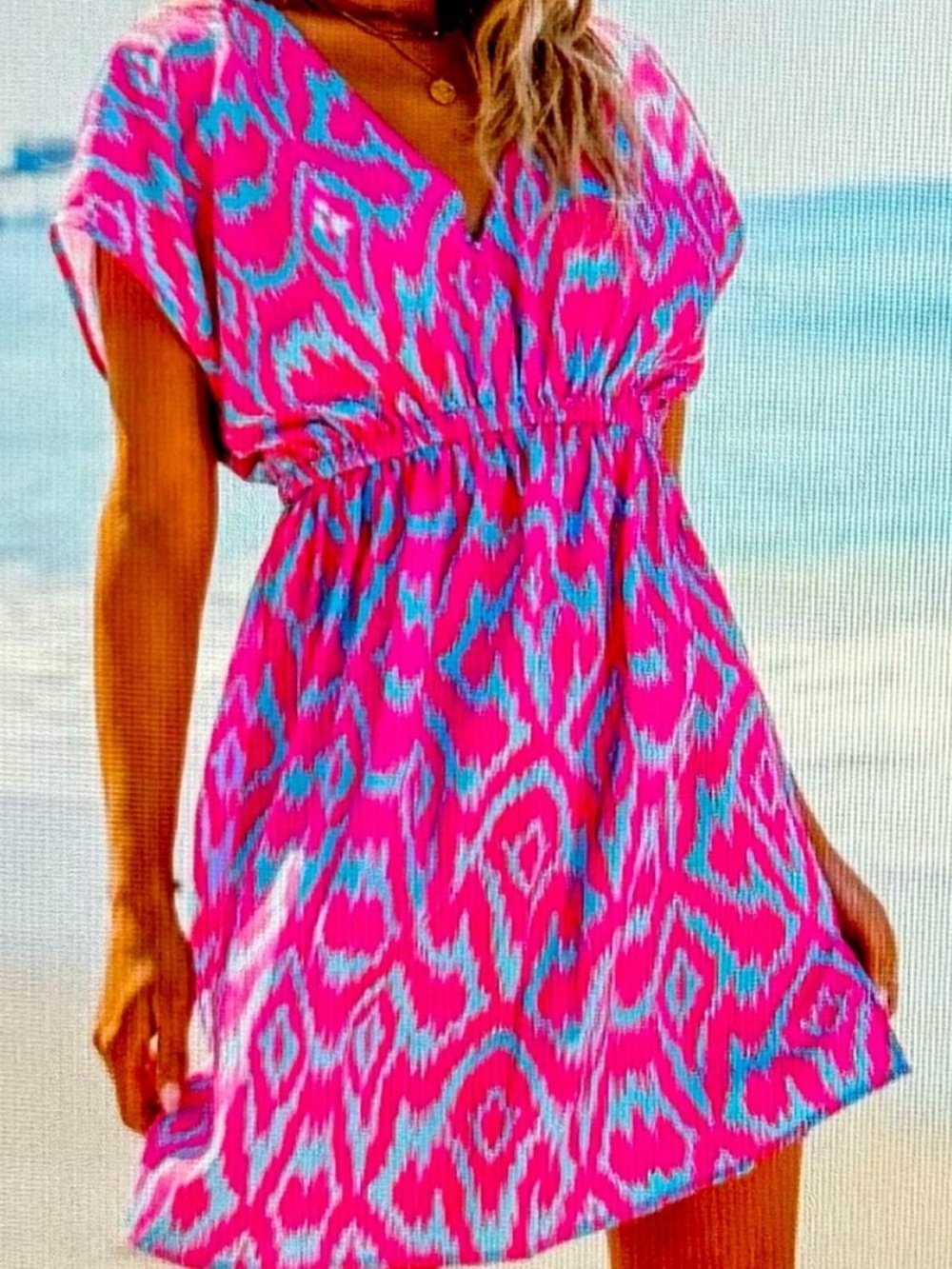 Cupshe Pink & Turquoise Ikat V‑Neck Beach Cover-Up XL NWT